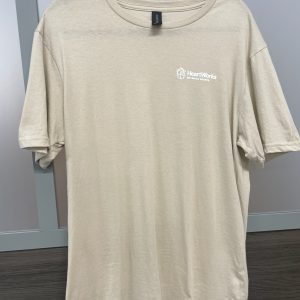 Beige t-shirt with HeartWorks logo.