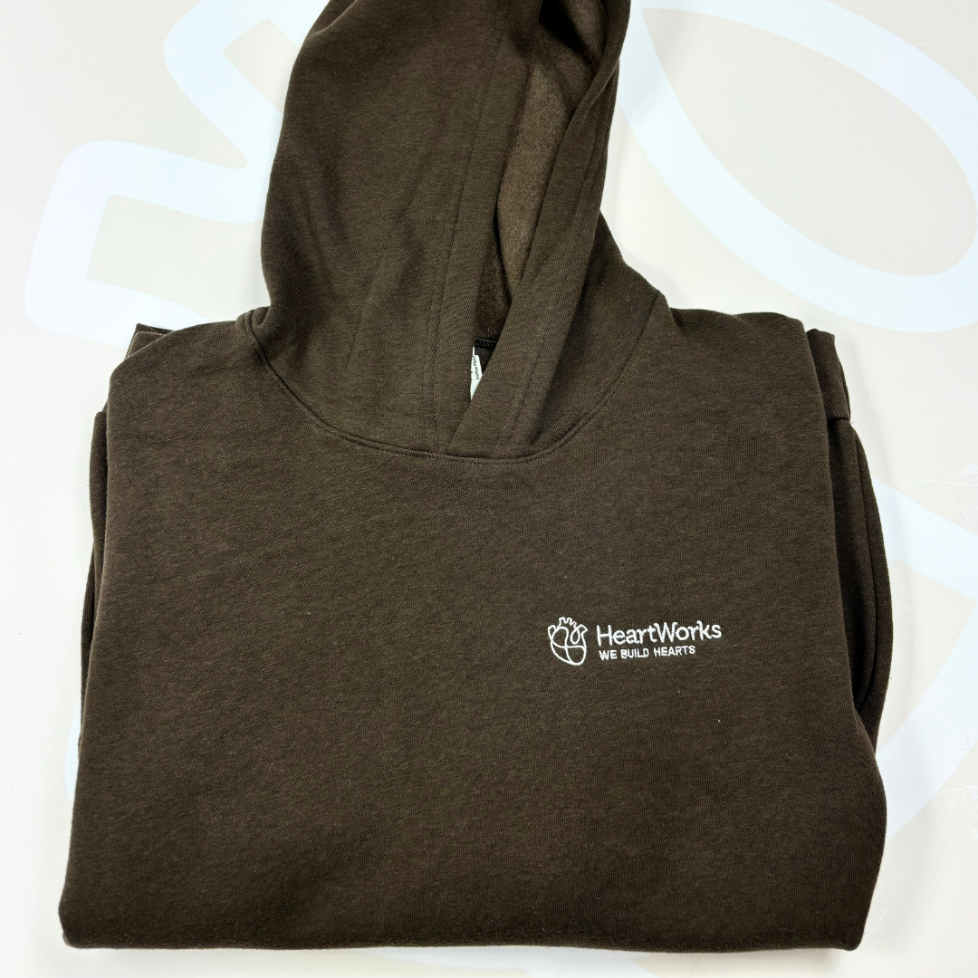 Hooded sweatshirt in mocha color with HeartWorks logo embroidered on front