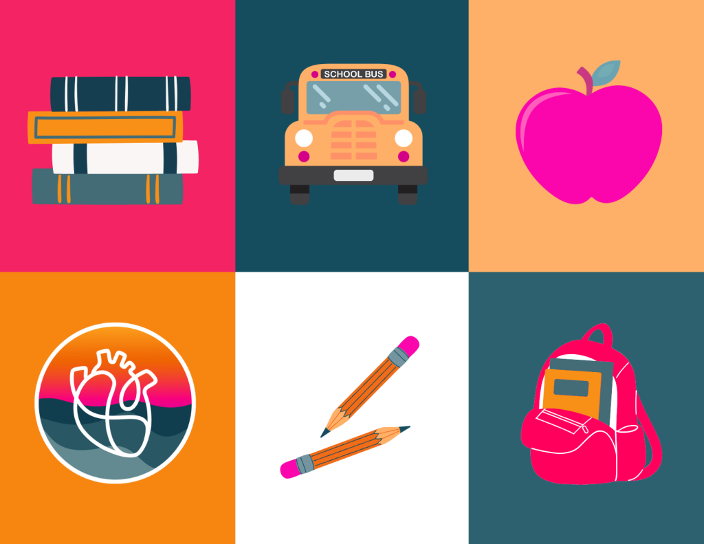 Back to school images with books, apples, school supplies and HeartWorks logo