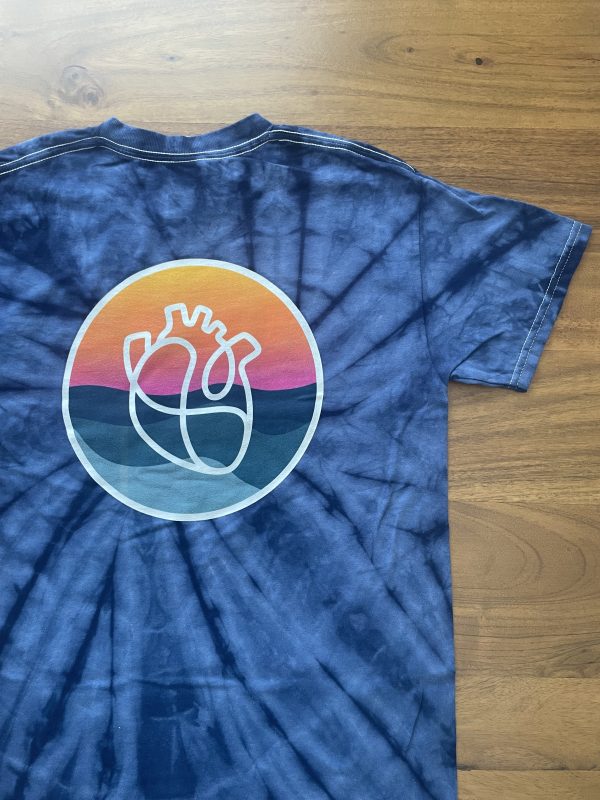 Blue Tie Dyed Shirt with Colorful HeartWorks logo