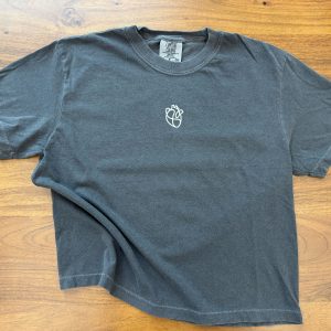 Charcoal gray boxy shirt with HeartWorks logo.