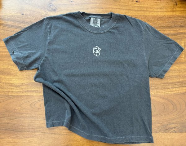 Charcoal gray boxy shirt with HeartWorks logo.