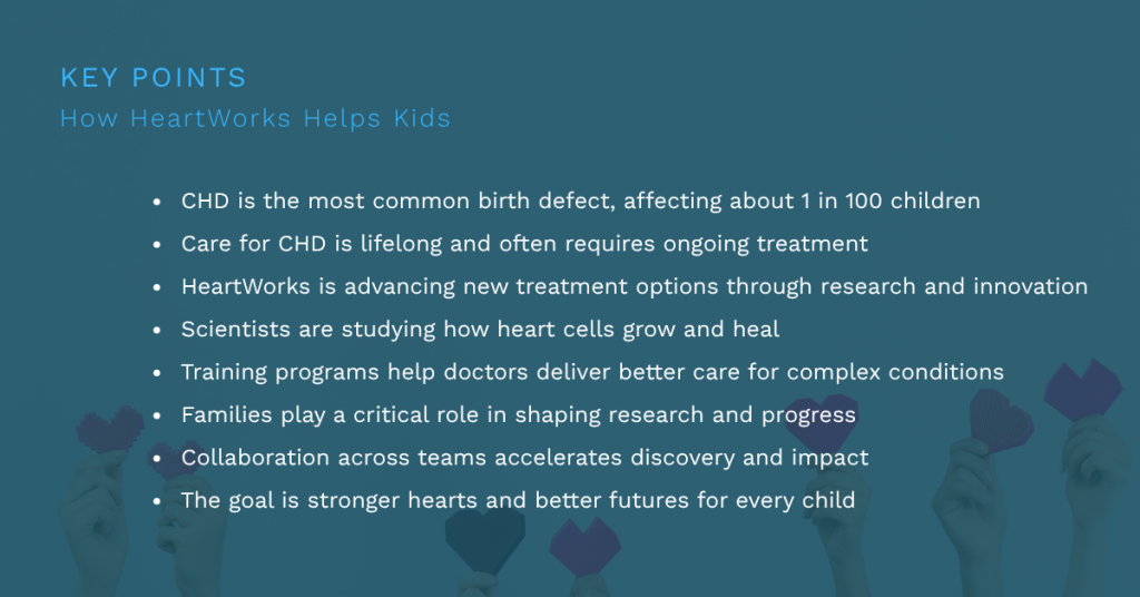 CHD is the most common birth defect, affecting about 1 in 100 children
Care for CHD is lifelong and often requires ongoing treatment
HeartWorks is advancing new treatment options through research and innovation
Scientists are studying how heart cells grow and heal
Training programs help doctors deliver better care for complex conditions
Families play a critical role in shaping research and progress
Collaboration across teams accelerates discovery and impact
The goal is stronger hearts and better futures for every child